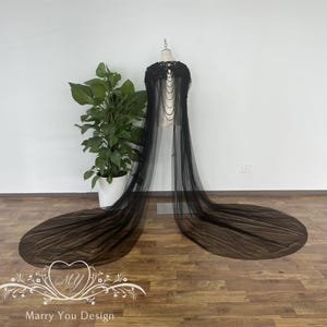 Gothic Black Wedding Cape Veil,Luxury Beading Shoulder Cape,Bridal Veil Cape,Floral Lace Shoulder Wings,Tulle Cape,Long Capelet for Wedding