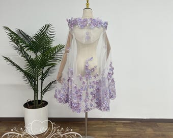 Capa de boda floral púrpura de ensueño, velo de capa de boda con capucha, capa de boda para boda al aire libre, velo de capa de hombro de novia, capa de boda para césped