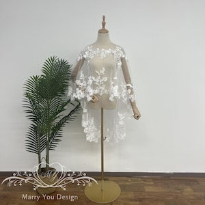 Capa de casamento minimalista, capa de ombro de casamento elegante, capa de noiva de renda floral transparente, capa de tule de renda floral, topper para casamento