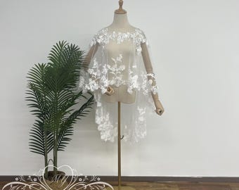 Minimalist Wedding Cape,Elegant Wedding Shoulder Cape,Transparent Floral Lace Bridal Cover up,Floral Lace Tulle Capelet,Topper for Wedding
