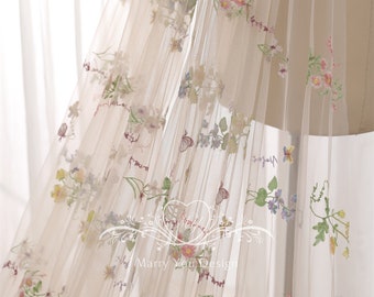 Embroider Floral Wedding Veil,Scattered Lace Veil with Floral Design,Embroidery Colorful Wedding Veil,Outdoor Wedding Veil,Lawn Wedding Veil