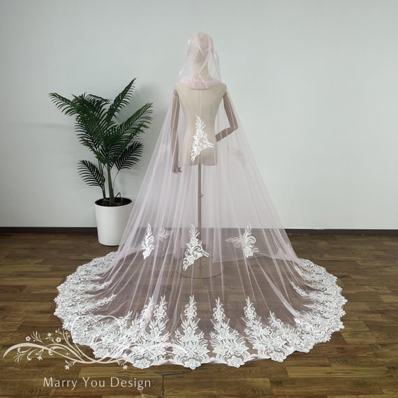 Vintage Floral Wedding Cape,Hood Bridal Hooded Cape,Pink Tulle Royal Length  Cloak,Classic Church Bridal Cape Veil,Lawn Wedding Cape