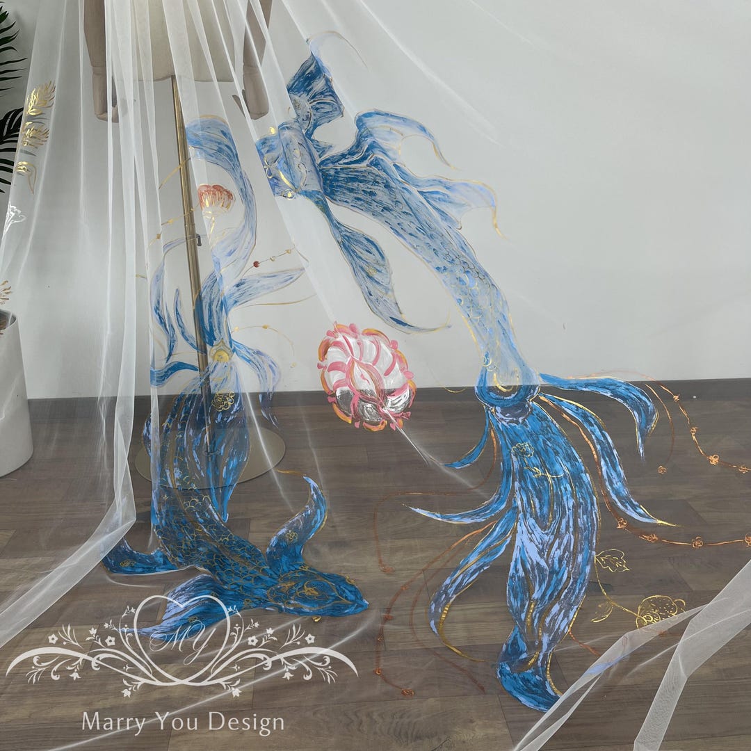 Special Painted Wedding Veil,ocean Theme Painted Cathedral Veil,flowers ...