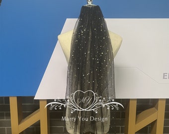 Gothic Black Sequins Veil for Wedding,Star&Moon Tulle Wedding Veil,Sparkling Short Bridal Veil,Glitter Bridal Veil,Fingertip Length Veil