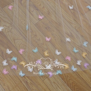 Colorful Butterfly Veil for Lawn Wedding,Dreamy Beach Butterfly Bridal Veil,One Layer Wedding Tulle Veil with Comb,Fairy Butterfly Veil