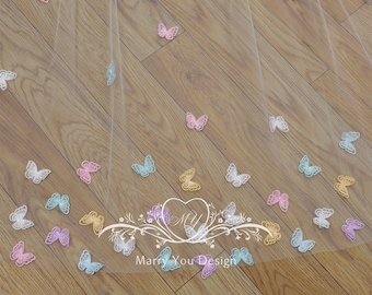 Bunter Schmetterlings-Schleier für Rasen-Hochzeit, verträumter Strand-Schmetterlings-Brautschleier, Hochzeits-Tüll-Schleier mit Kamm, feenhafter Schmetterlings-Schleier