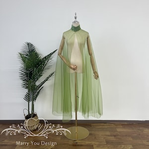 Fairy Tulle Wedding Cape Veil,Green Beading and Sequined Bridal Veil Cape,Custom Length Bridal Shoulder Cloak,Bridal Cape,Long Shoulder Cape