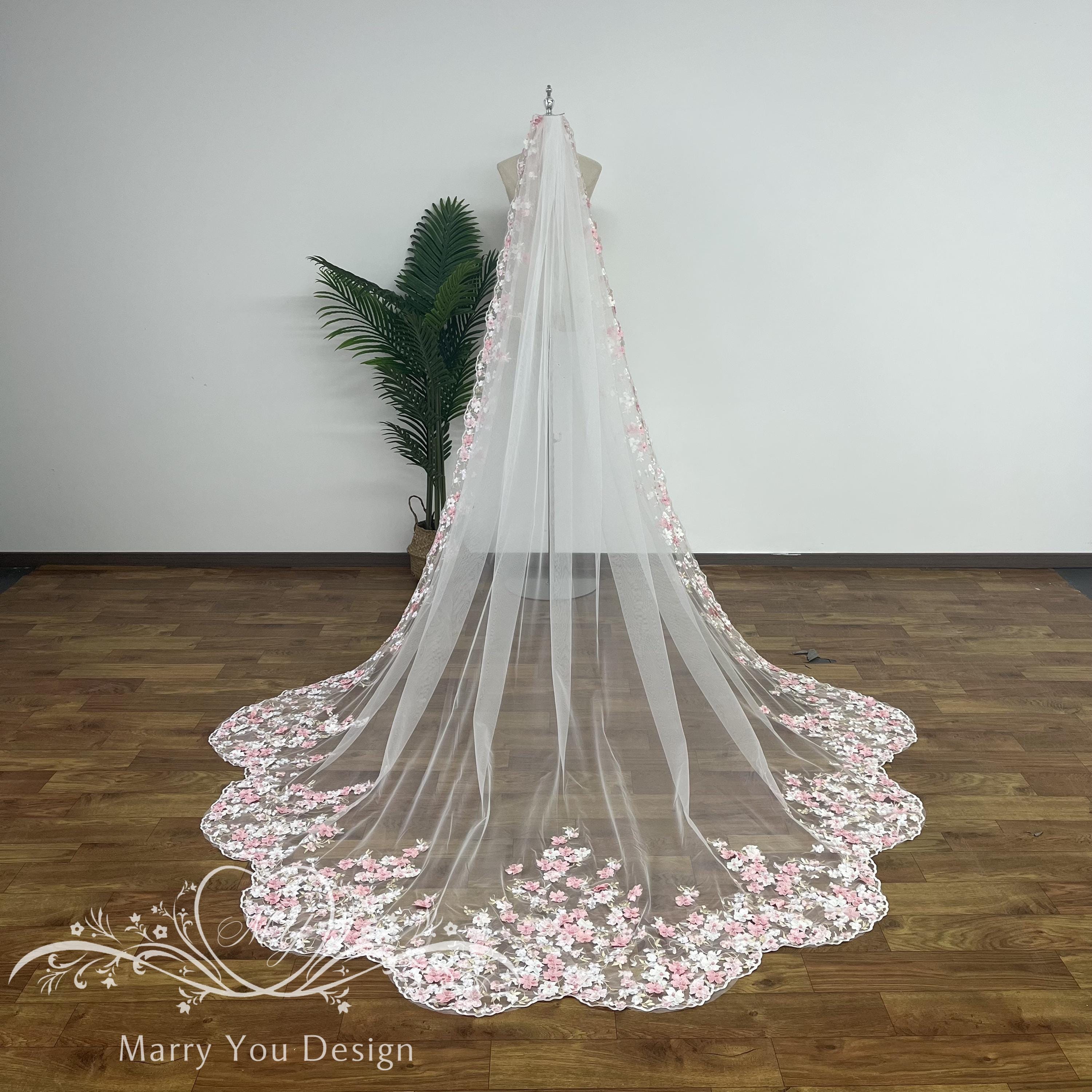 Fairytale Scalloped Wedding Veil,pink Floral Lace Wedding Veil