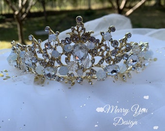 Gold Crystal/Gemstone Prom Crown, Luxury Wedding Tiaras for Woman, Birthday Gift for Woman,Quinceanera Crown,Flower Tiaras,Hair Accessories