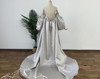 Romantic Puff Sleeves Wedding Cape,Satin Bridal Cape Veil with Sleeves,Solid Satin Cape for Bride,Minimalist Cape Veil,Classic Wedding Cape