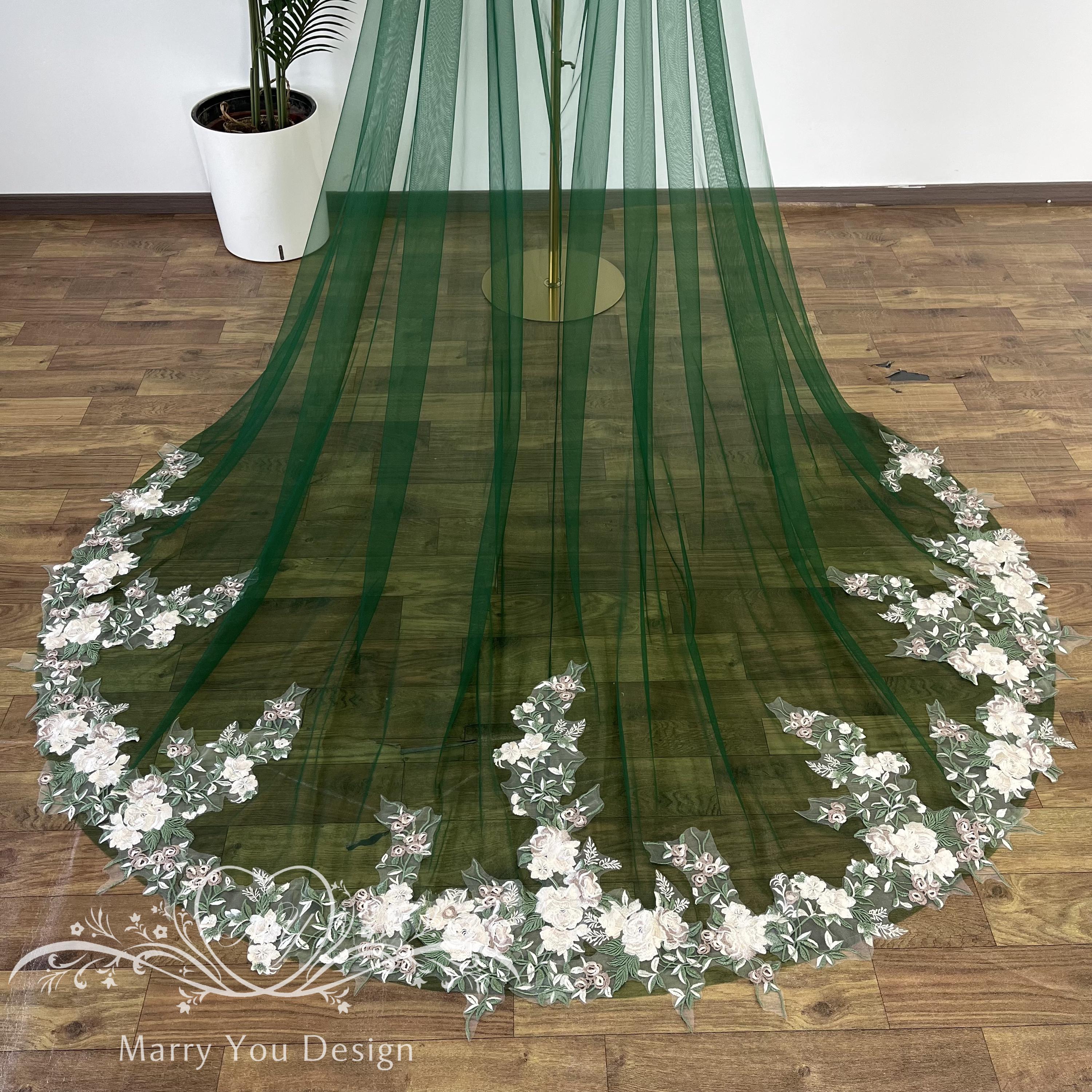 Deep Green V-shaped Wedding Floral Cape,backless Bridal Cape With Green ...