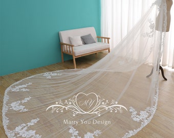 Voile de mariée en dentelle florale aux bords élégants, Voile de mariée en dentelle de feuilles, Voile de mariage en dentelle de tulle, Voile de mariage pour pelouse à un étage, Voile élégant avec peigne