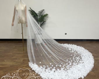 Luxury 3D Flowers Wedding Veil,Tulle Floral Veil with Blusher,3D Flower Bridal Veil with Colorful Butterflies,Bridal 2 Tiers Cathedral Veil