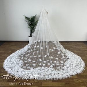 Luxury Wedding Veil,3D Flowers Lawn Wedding Veil,Elegant Floral Veil with Blusher,3D Flower Bridal Veil,Bridal Two Tiers Cathedral Veil