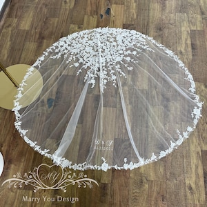 Embroider Beading Mantilla Drop Veil,Initials&Date Floral Lace Tulle Juliet Veil,Fingertip Drop Bridal Veil,Beach Wedding Veil,1930s Veil