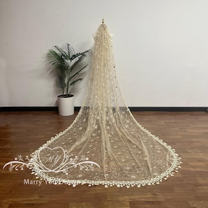 May include: A long, champagne-coloured bridal veil with a delicate star and moon pattern. The veil is adorned with small star-shaped embellishments and a scalloped edge with star-shaped accents. The text "Marry You Do" is visible at the bottom.