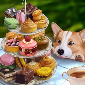 Digital Download, Corgi High Tea, Printable Wall Art, Corgi Creation, International Paper Size