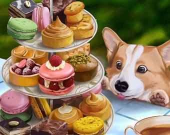 Descarga digital, Té de la tarde con corgi, Arte mural imprimible, Creación de corgi, Tamaño de papel internacional