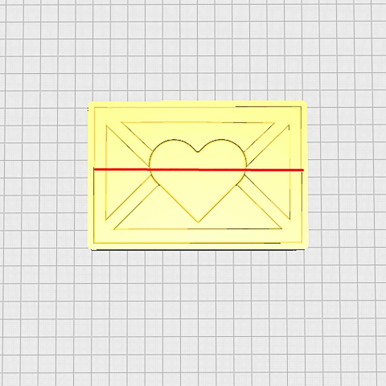 May include: A gold-colored envelope with a heart shape cut out in the center. A red line runs across the envelope.