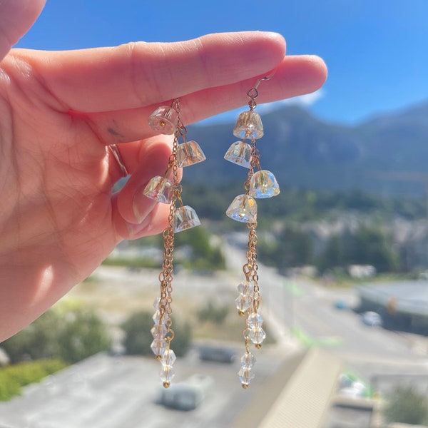 Dainty Crystal Wind Bell Dangle Earrings, Crystal Bell Drop Earrings, Windchime Earrings, 14K Gold Plated