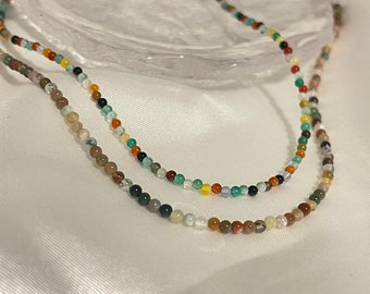 Delicate Beaded Agate Necklace, Tiny Agate Choker, Gemstone Necklace, Multicolour Beads Necklace, Coloured Agate Stone Choker