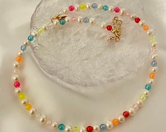 Colourful Necklace with Freshwater Pearl, Rainbow Beaded Necklace, Pearl Beaded Choker, Gift for Her