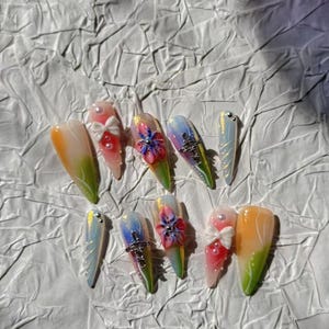 Sunset Bloom Nails – Summer 3D Floral Press Ons with Vibes | Reusable False Nails | Kawaii Summer Nails | Handmade Nail Set