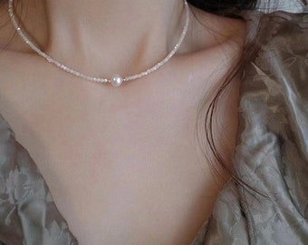 Beaded Necklace, Shell Pearl and Freshwater Pearl Necklace, Dainty Necklace, Pearl Choker