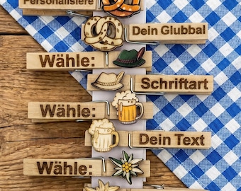 Glubbal, Wäscheklammer personalisiert aus Holz | für die Tracht Dirndl & Lederhose | Oktoberfest Hochzeit Firmenfeier Namensschild Glupperl