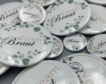 12 designs for bachelorette party / hen party team bride / bride, buttons, pins, badges, flowers, clasps personalized as a set or individually