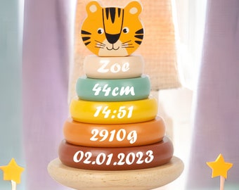 Stapelturm aus Holz mit einem Tiger personalisiert als Babygeschenk zur Geburt, zu Weihnachten, Taufe, Ostern. Jungs und Mädchen!