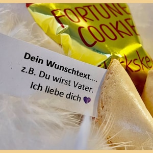 Personalisierter u. individueller Glückskeks zur Ankündigung / Verkündung von Schwangerschaft, Patenschaft, Oma, Opa, Papa, Hochzeit, Einladung als Geschenk und zur Überraschung.