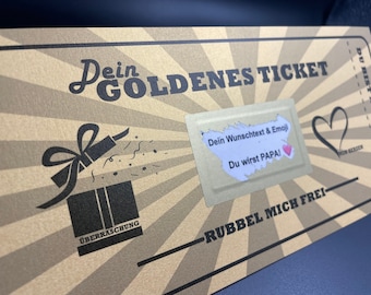Goldene Ticket - Rubbellos, Schwangerschaft ankündigen, Pate, Oma, Opa & Papa. Trauzeuge per Rubbellos personalisiert als Fake.
