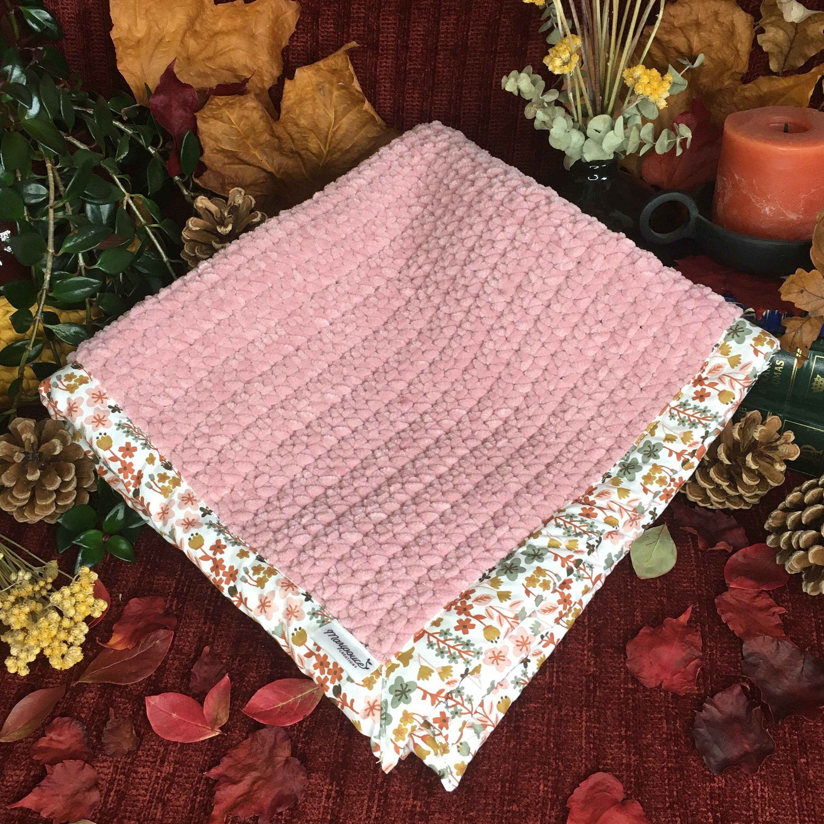 Couverture Bébé Crochet Velours - Rose Claire Motif Floral