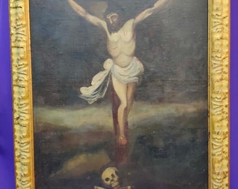 Antique unique 19th century painting, Lord Jesus Christ, Crucified Christ, Religious Wall Decor, Skull, Original Painting