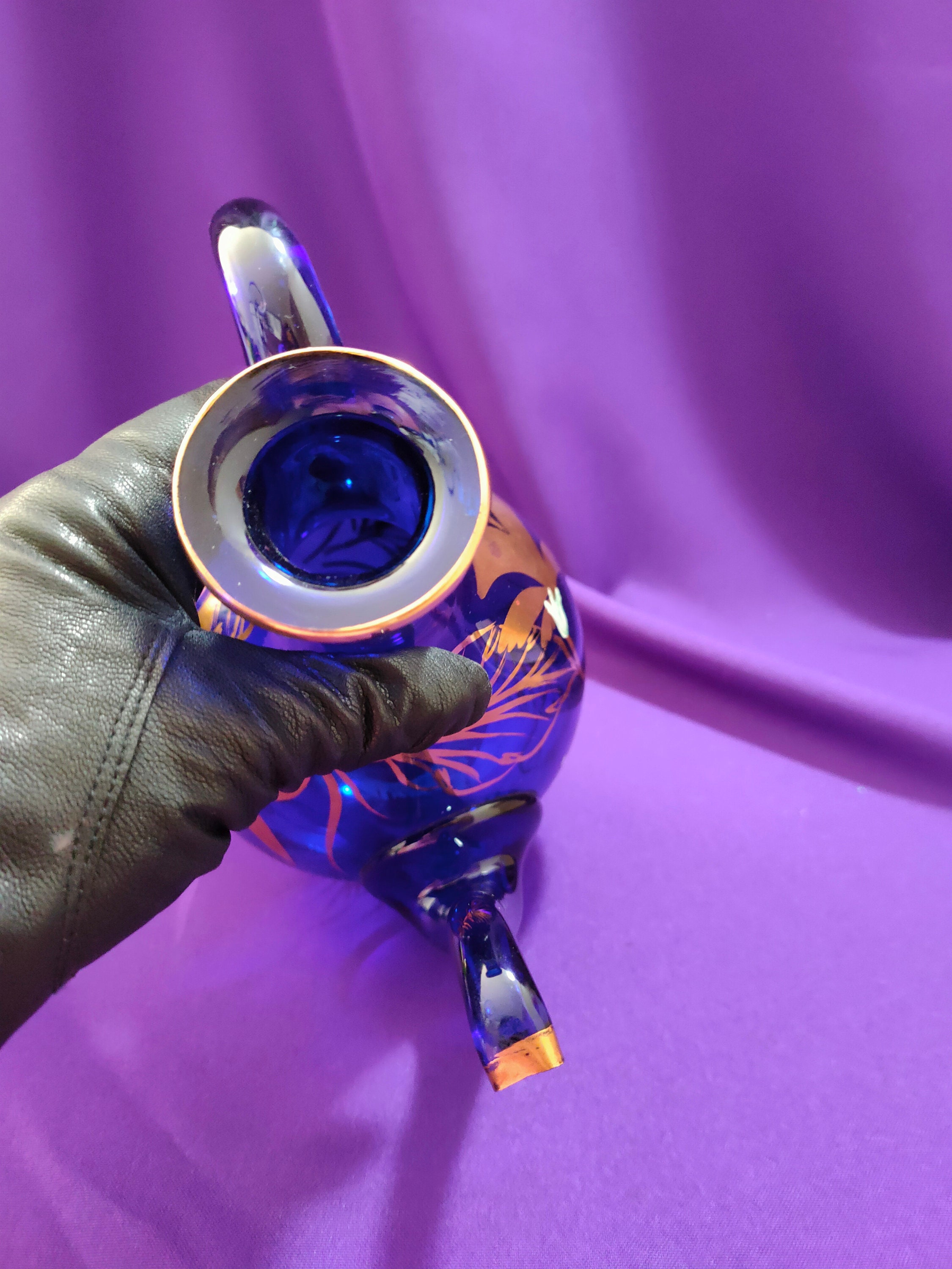 Rare Handblown Blue Glass Teapot, 19th Century, Unique Decoration