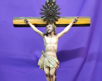 Jesus Christ on the Cross, wooden figurine, drops of blood, crystal, unique piece, religious decoration, Christmas gift