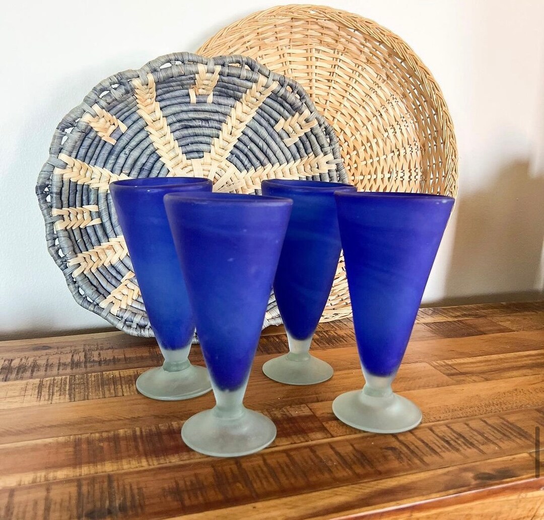 Cobalt Blue Frosted Glasses Vintage Home Decor Vintage Glassware Etsy