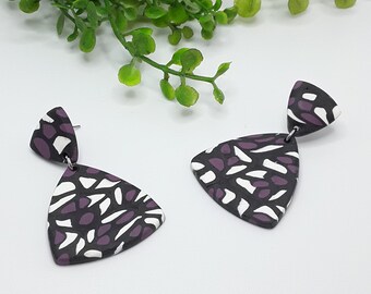Black, White, purple stained glass Earrings| Polymer Clay Earrings| Stainless Steel| Studs