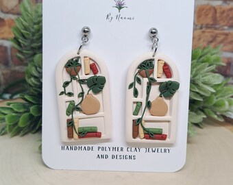 Black arches with Monstera | Unique dangle | Polymer Clay Earrings| Stainless Steel| Studs
