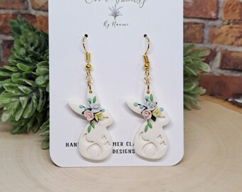 Made to order Bunny Rabbit White pastel Floral Moon valentines clay Easter earrings |Stainless steel studs