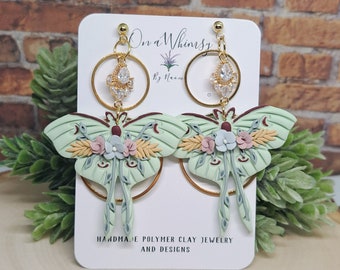 Halo Bling Pastel Luna Moth  clay earrings |Stainless steel studs