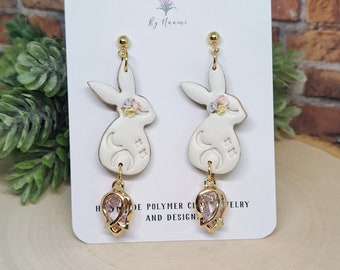 Bunny Rabbit White pastel Floral Moon valentines clay Easter earrings |Stainless steel studs