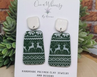 Christmas Green cute ugly sweater Reindeer Polymer Clay earrings| Stainless steel|