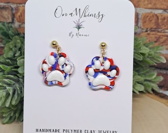 Paw Print Fourth of July Stripe USA| Polymer Clay Earrings| Stainless Steel| Studs