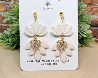 Ivory Pearlescent Bling Lotus flowers| Unique dangle | Polymer Clay Earrings| Stainless Steel| Studs