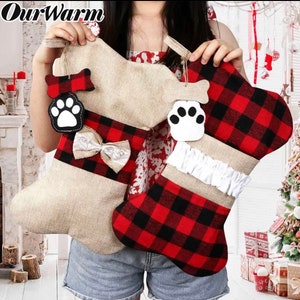 Personalized Pet Dog Christmas Stocking Shaped as a Bone. Personalise It With Your Pet&#39;s Name. Canvas or Plaid