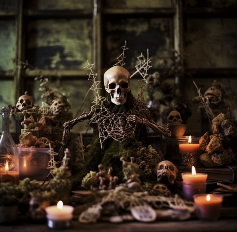 May include: A skeletal figure with a skull head sits on a bed of moss and twigs. The figure is surrounded by candles, skulls, and other Halloween decorations.