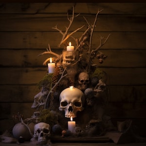 May include: A collection of white candles and human skulls arranged on a wooden surface with moss and branches. The candles are lit and cast a warm glow on the scene.