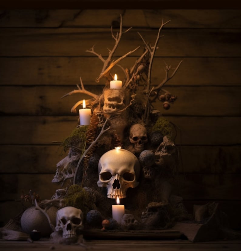 May include: A collection of white candles and human skulls arranged on a wooden surface with moss and branches. The candles are lit and cast a warm glow on the scene.